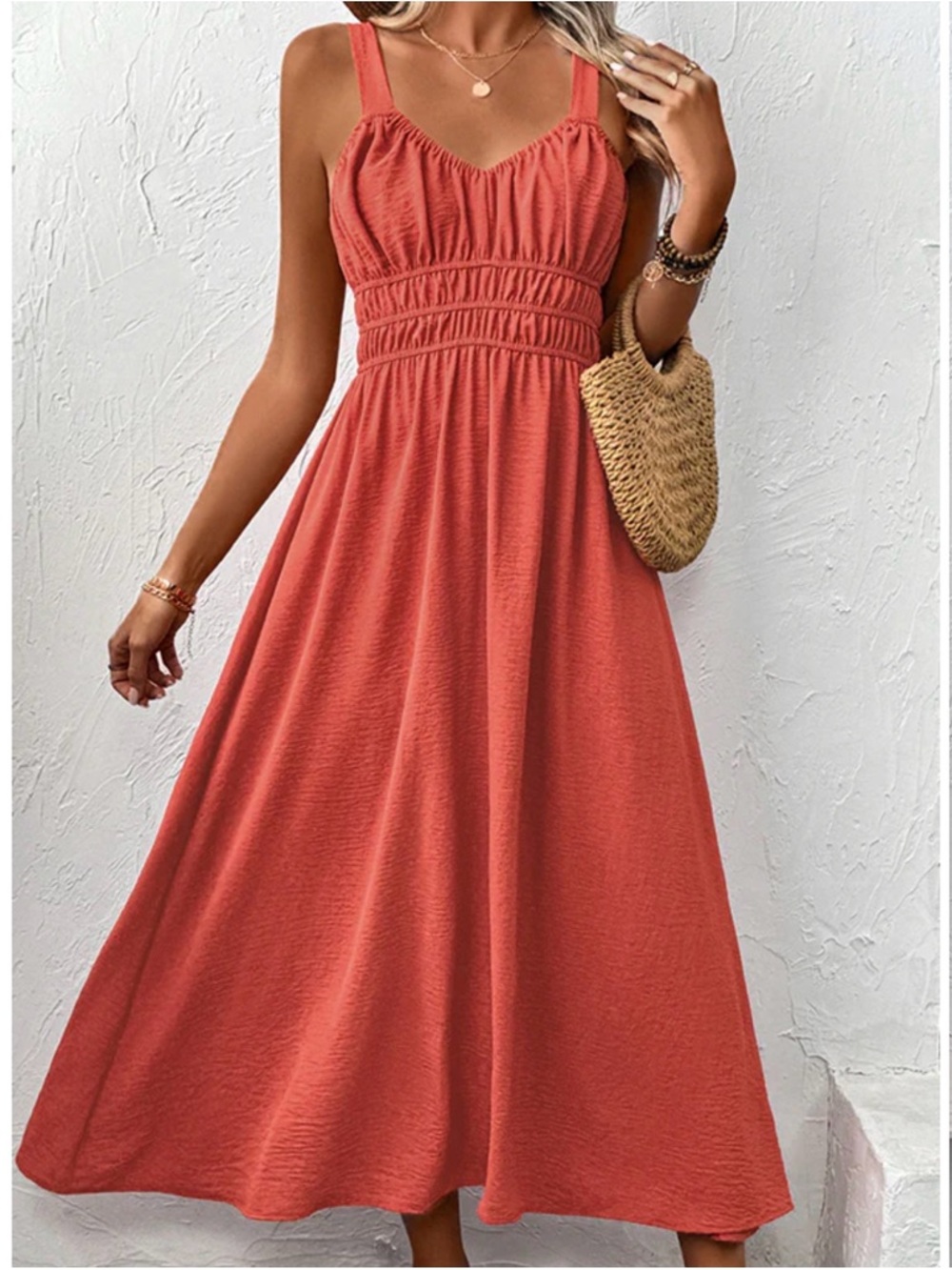 Women's Coral Maxi Dress with Smocked Waist